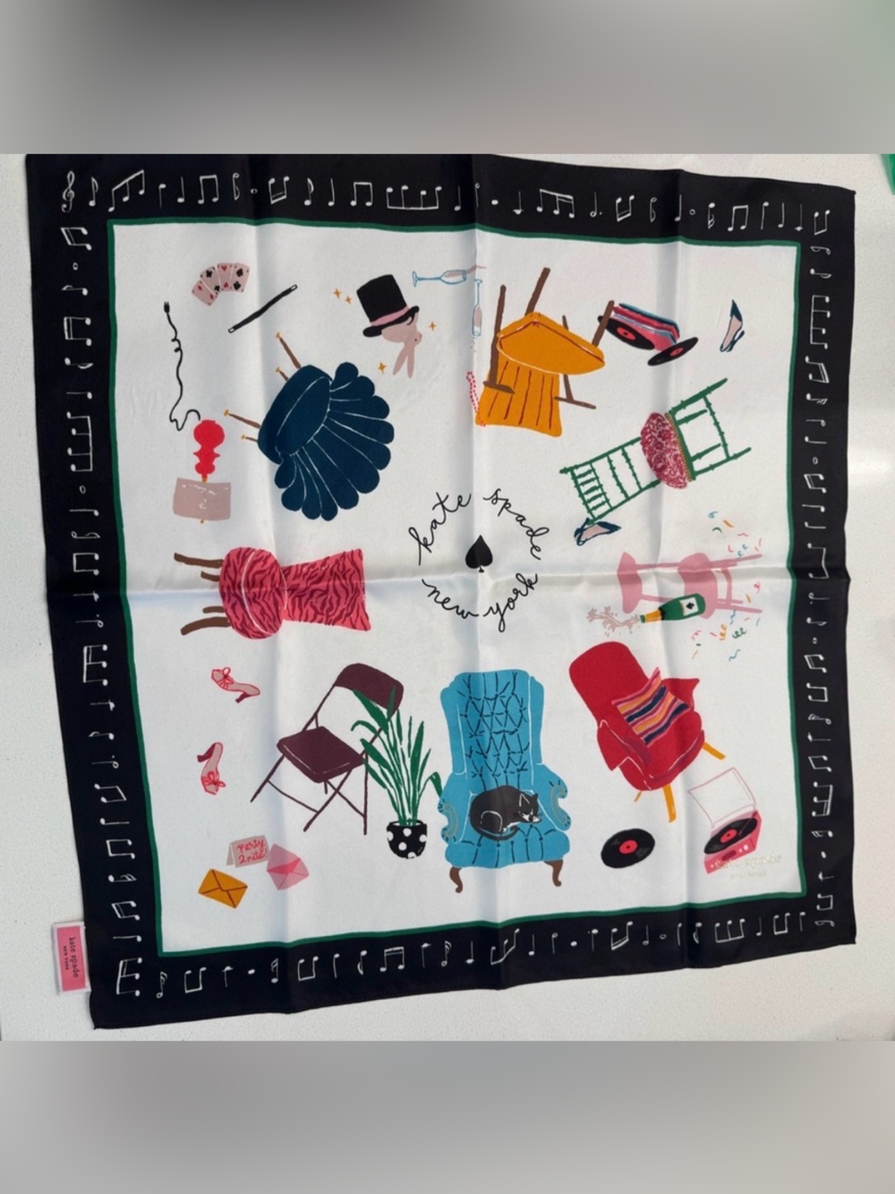 kate spade Musical Chairs novelty print 100% silk scarf in French Cream